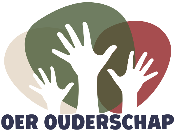 Logo van Oer Ouderschap – platform voor ouders die opvoeden met vertrouwen, rust en verbinding. Drie witte opgestoken handen voor abstracte vormen in aardetinten (beige, groen en rood), met de naam 'Oer Ouderschap' eronder.